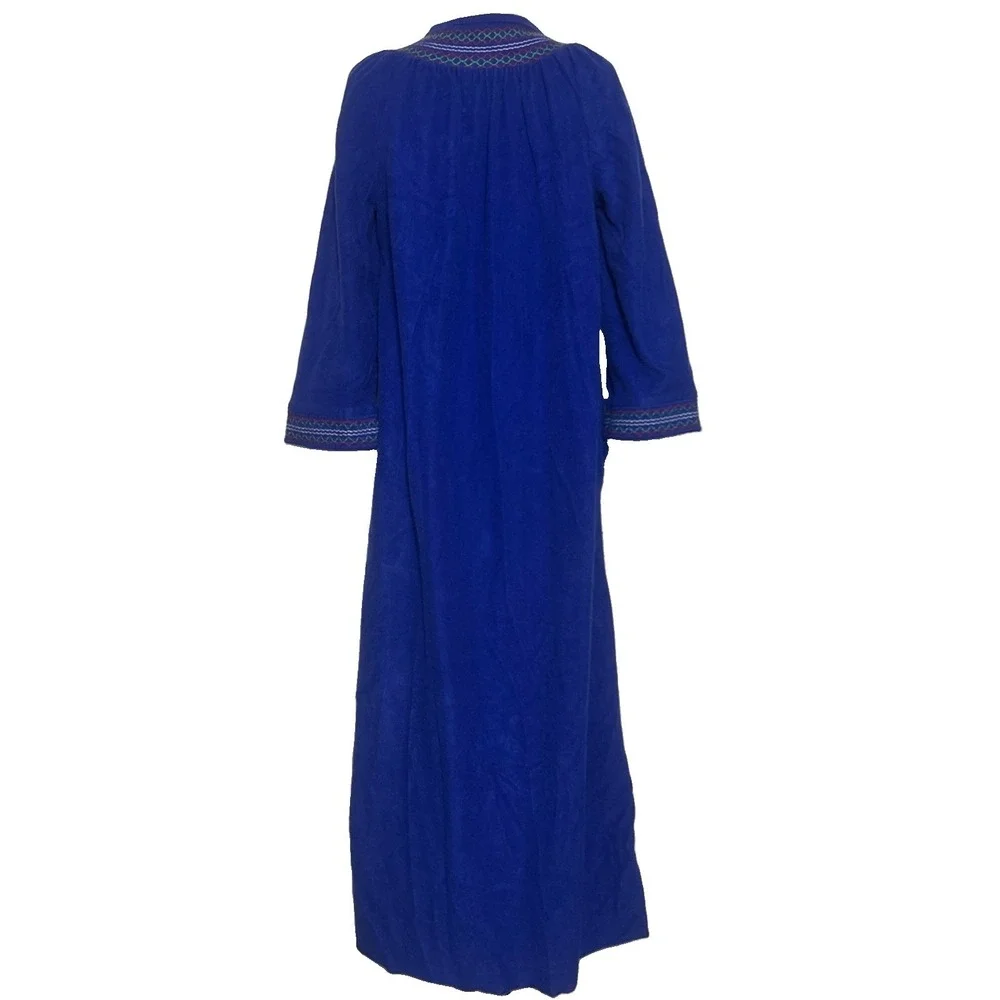 Vintage 70/80's Retro Blue House Dress Robe Lounger Boho Folk  Granny Front Snap
